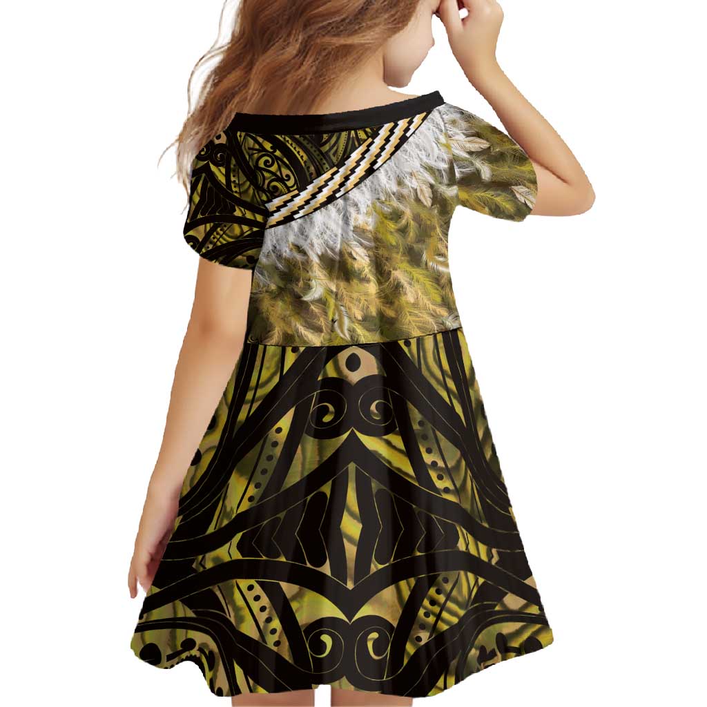 Yellow Traditional Cloak Aotearoa Family Matching Short Sleeve Bodycon Dress and Hawaiian Shirt Maori Paua Shell Korowai Pattern LT14 - Polynesian Pride