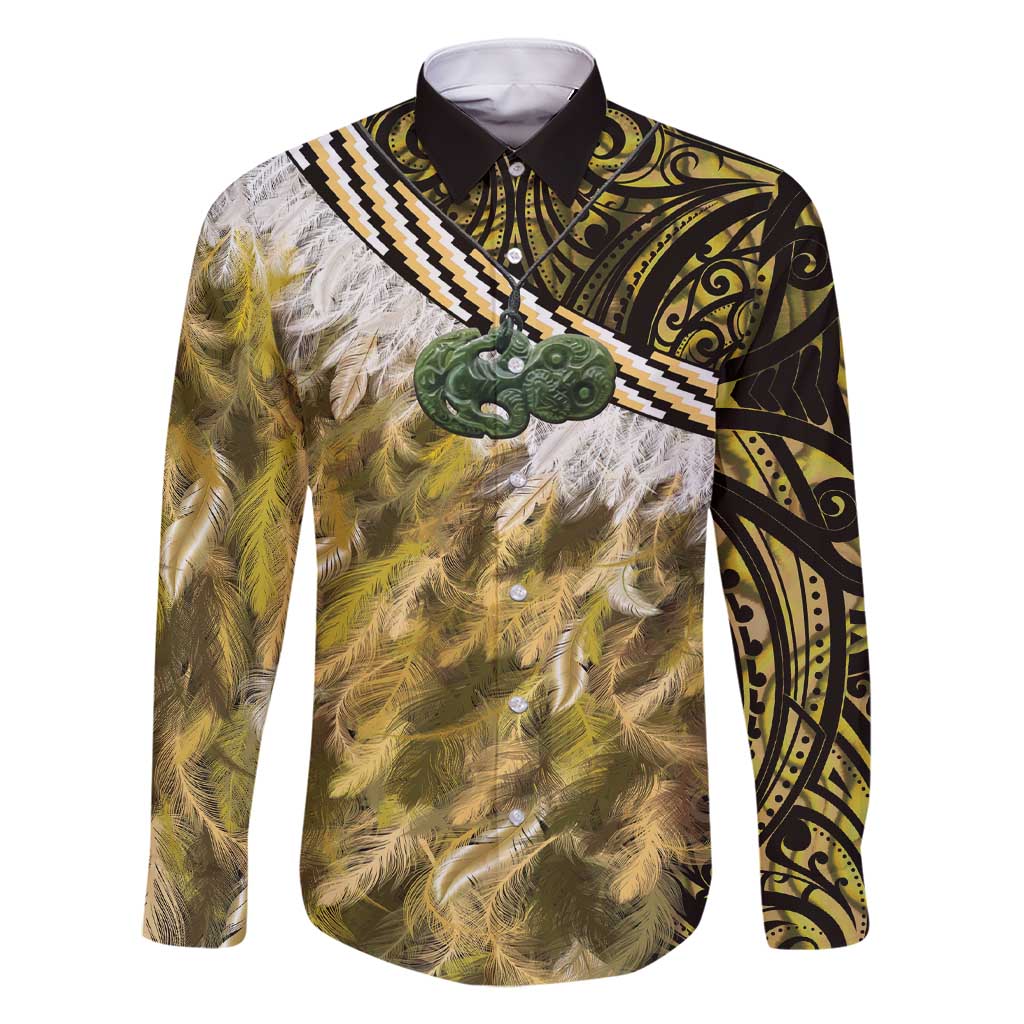 Yellow Traditional Cloak Aotearoa Family Matching Short Sleeve Bodycon Dress and Hawaiian Shirt Maori Paua Shell Korowai Pattern LT14 Dad's Shirt - Long Sleeve Yellow - Polynesian Pride