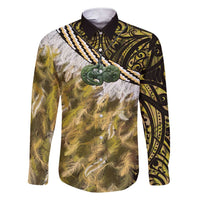Yellow Traditional Cloak Aotearoa Family Matching Short Sleeve Bodycon Dress and Hawaiian Shirt Maori Paua Shell Korowai Pattern LT14 Dad's Shirt - Long Sleeve Yellow - Polynesian Pride