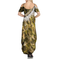 Yellow Traditional Cloak Aotearoa Family Matching Summer Maxi Dress and Hawaiian Shirt Maori Paua Shell Korowai Pattern