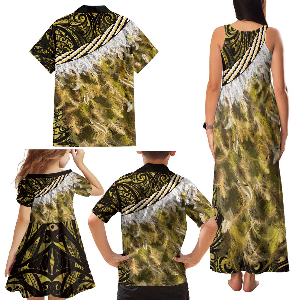Yellow Traditional Cloak Aotearoa Family Matching Tank Maxi Dress and Hawaiian Shirt Maori Paua Shell Korowai Pattern