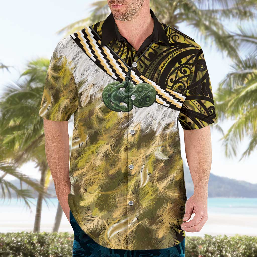 Yellow Traditional Cloak Aotearoa Hawaiian Shirt Maori Paua Shell Korowai Pattern