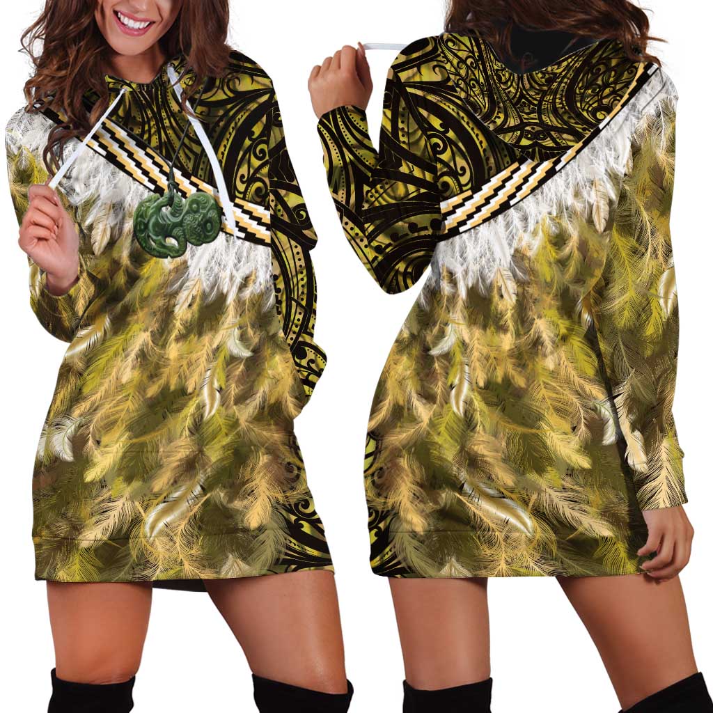 Yellow Traditional Cloak Aotearoa Hoodie Dress Maori Paua Shell Korowai Pattern