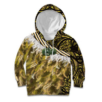 Yellow Traditional Cloak Aotearoa Kid Hoodie Maori Paua Shell Korowai Pattern