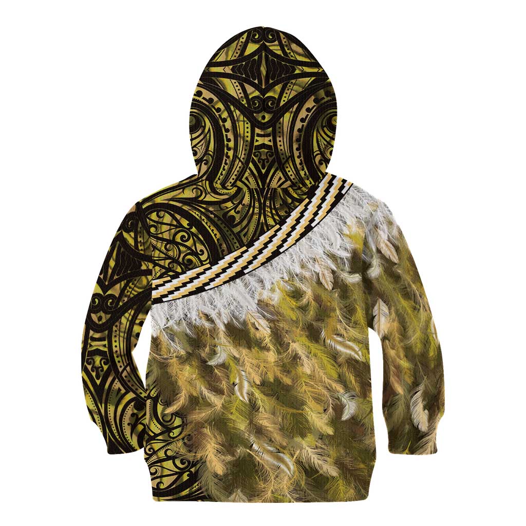 Yellow Traditional Cloak Aotearoa Kid Hoodie Maori Paua Shell Korowai Pattern