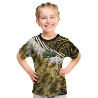 Yellow Traditional Cloak Aotearoa Kid T Shirt Maori Paua Shell Korowai Pattern