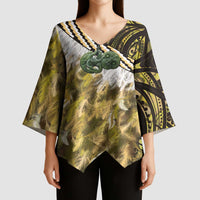 Yellow Traditional Cloak Aotearoa Kimono Sleeve Blouse Maori Paua Shell Korowai Pattern - Polynesian Pride