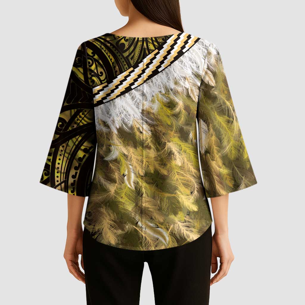 Yellow Traditional Cloak Aotearoa Kimono Sleeve Blouse Maori Paua Shell Korowai Pattern - Polynesian Pride