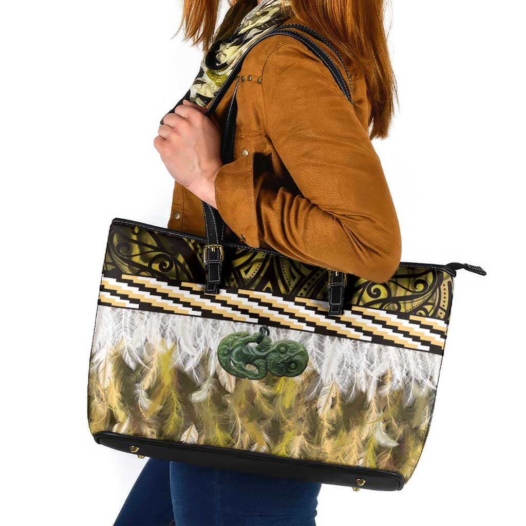 Yellow Traditional Cloak Aotearoa Leather Tote Bag Maori Paua Shell Korowai Pattern