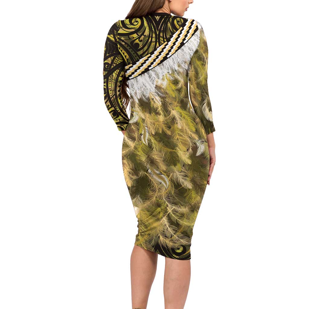 Yellow Traditional Cloak Aotearoa Long Sleeve Bodycon Dress Maori Paua Shell Korowai Pattern
