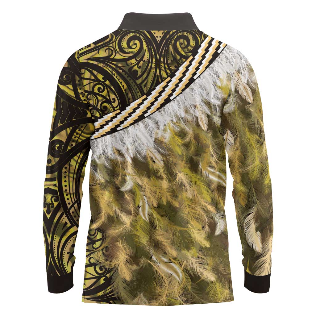 Yellow Traditional Cloak Aotearoa Long Sleeve Polo Shirt Maori Paua Shell Korowai Pattern