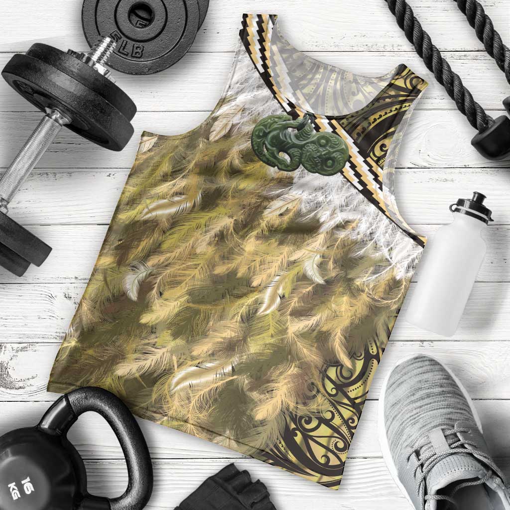 Yellow Traditional Cloak Aotearoa Men Tank Top Maori Paua Shell Korowai Pattern