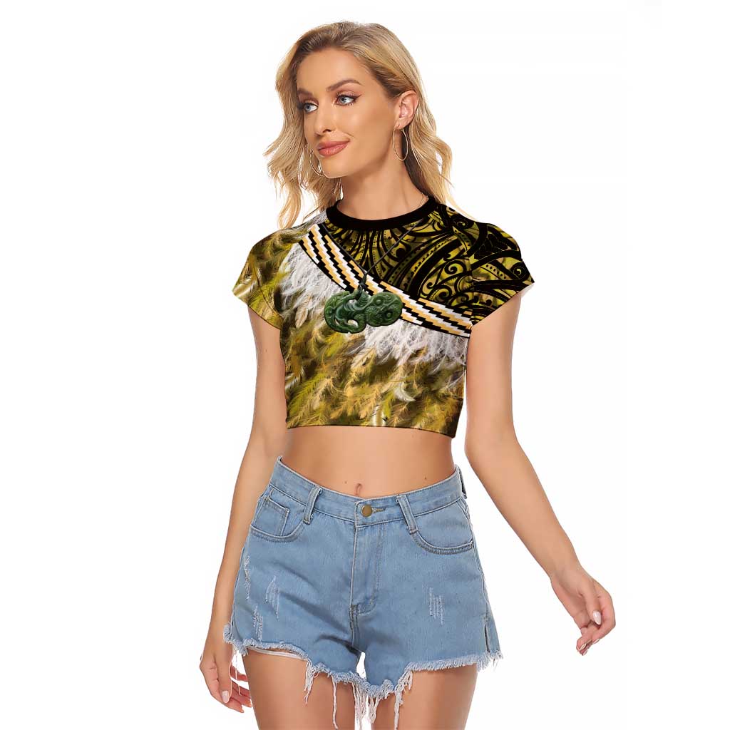 Yellow Traditional Cloak Aotearoa Raglan Cropped T Shirt Maori Paua Shell Korowai Pattern