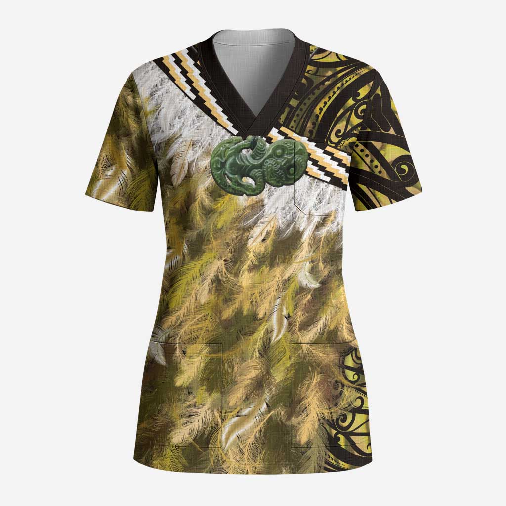 Yellow Traditional Cloak Aotearoa Scrub Top Maori Paua Shell Korowai Pattern LT14 Adult Yellow - Polynesian Pride