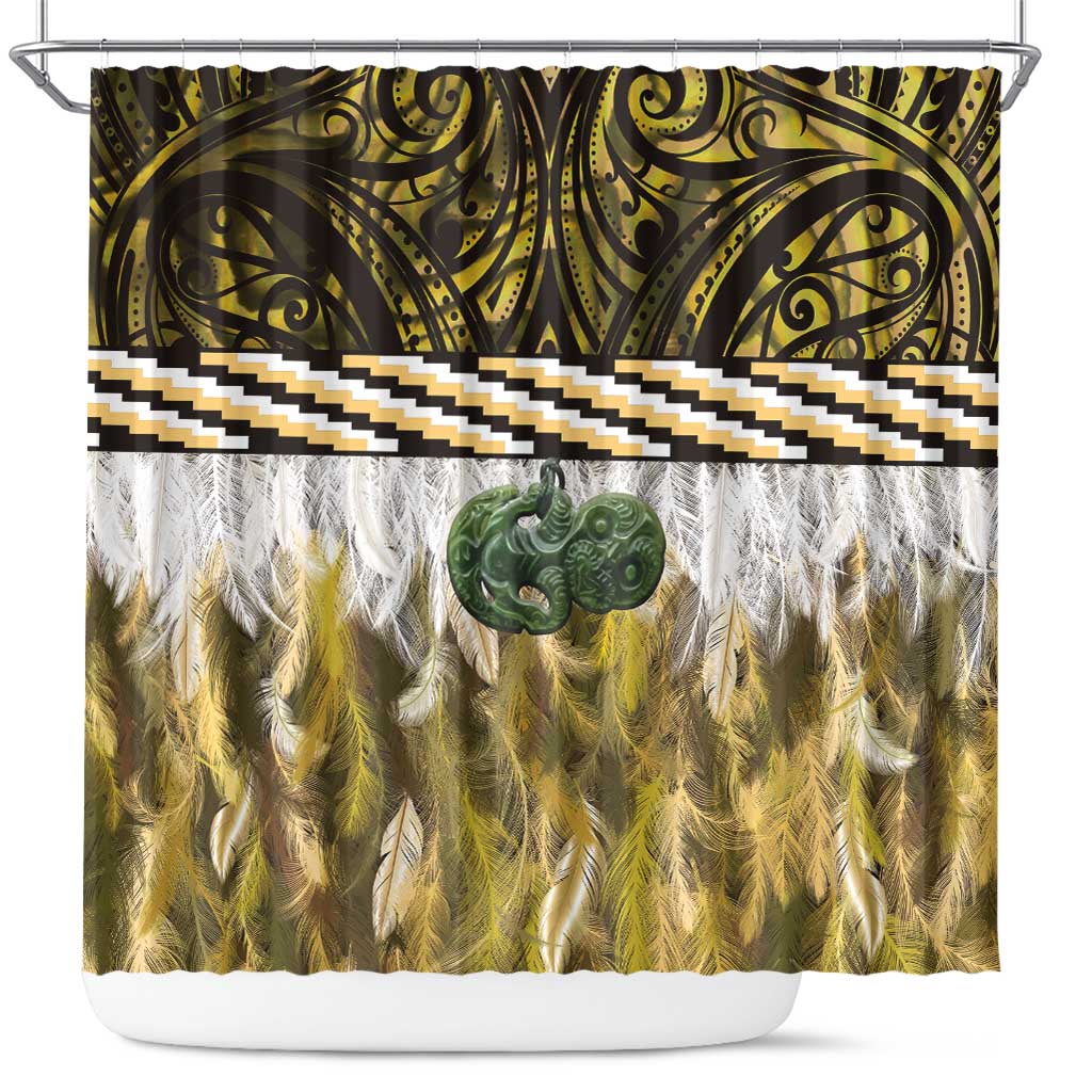 Yellow Traditional Cloak Aotearoa Shower Curtain Maori Paua Shell Korowai Pattern LT14 Yellow - Polynesian Pride