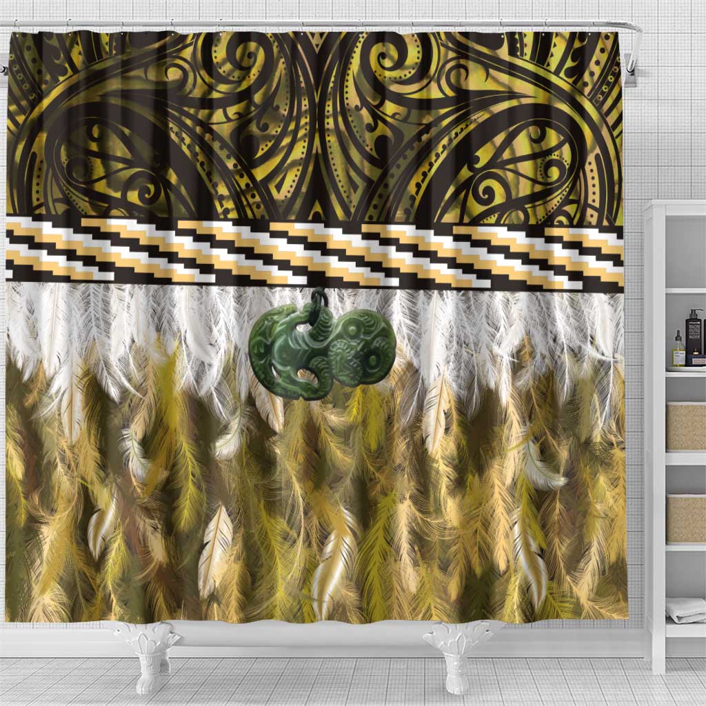 Yellow Traditional Cloak Aotearoa Shower Curtain Maori Paua Shell Korowai Pattern LT14 - Polynesian Pride