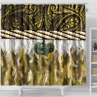 Yellow Traditional Cloak Aotearoa Shower Curtain Maori Paua Shell Korowai Pattern LT14 - Polynesian Pride