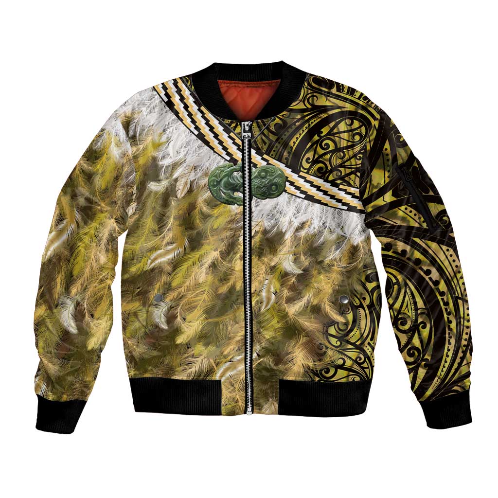 Yellow Traditional Cloak Aotearoa Sleeve Zip Bomber Jacket Maori Paua Shell Korowai Pattern LT14 Unisex Yellow - Polynesian Pride