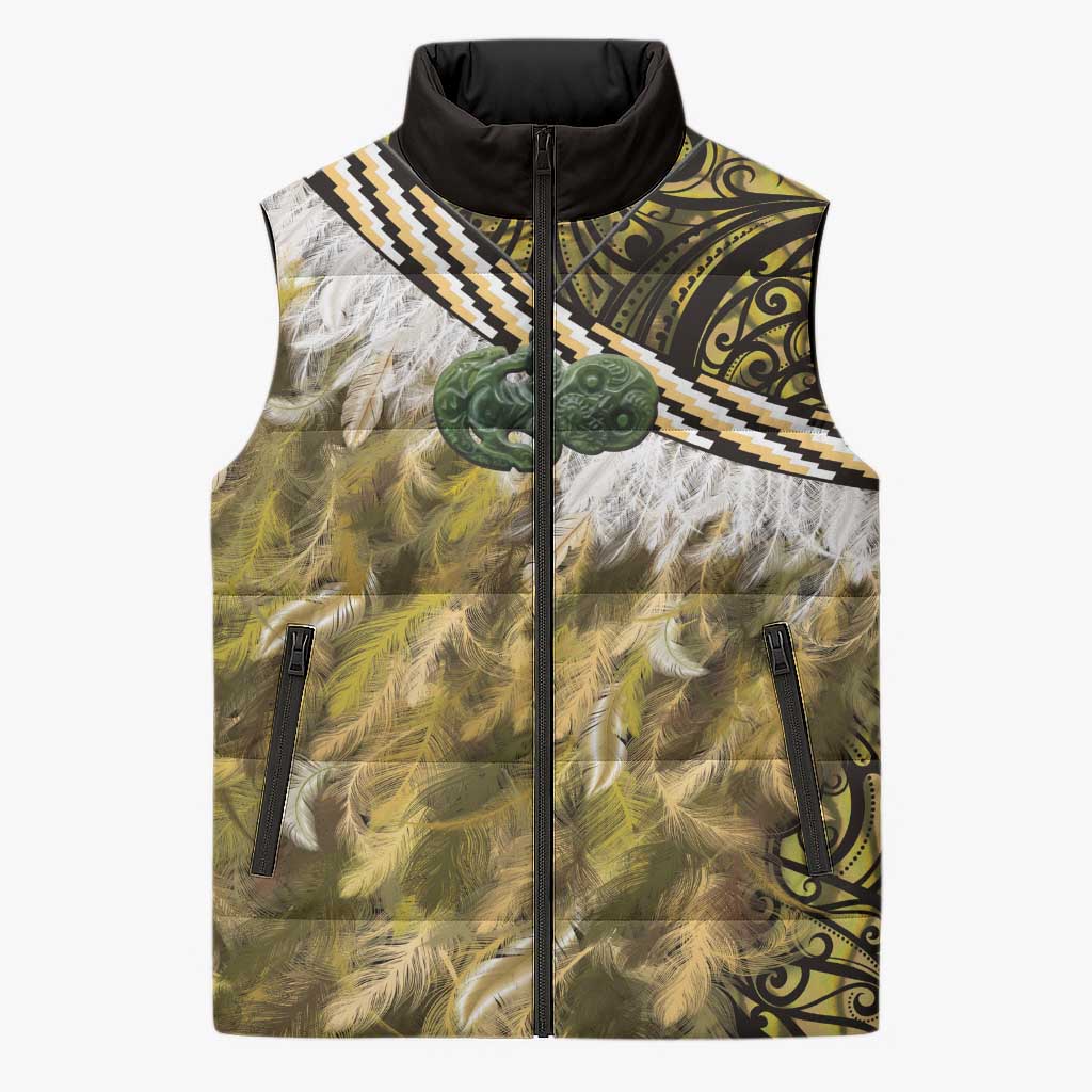 Yellow Traditional Cloak Aotearoa Sleeveless Puffer Jacket Maori Paua Shell Korowai Pattern LT14 Unisex Yellow - Polynesian Pride