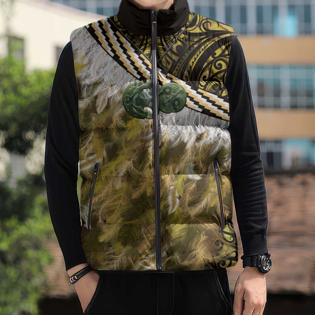 Yellow Traditional Cloak Aotearoa Sleeveless Puffer Jacket Maori Paua Shell Korowai Pattern LT14 - Polynesian Pride