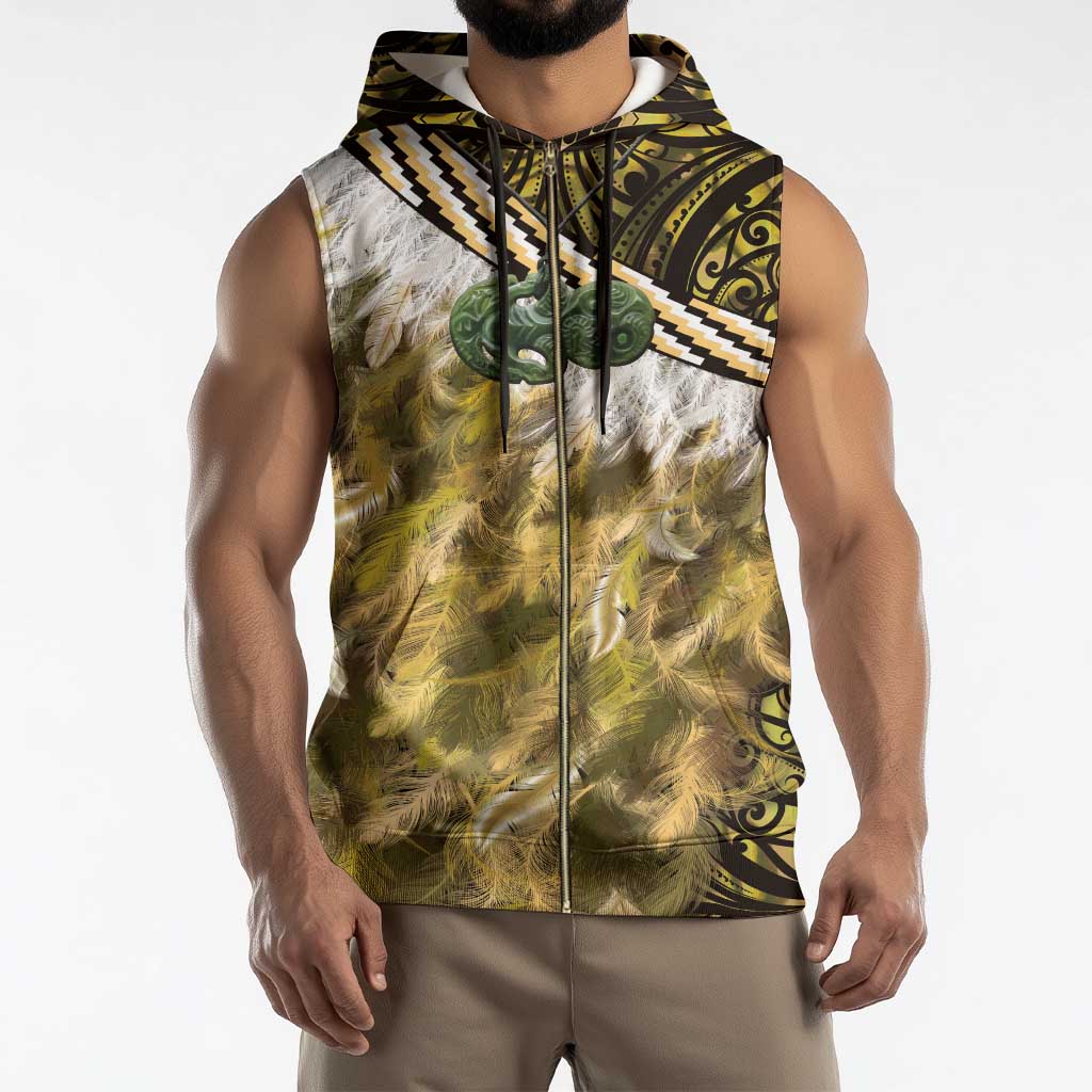 Yellow Traditional Cloak Aotearoa Sleeveless Zip Hoodie Maori Paua Shell Korowai Pattern - Polynesian Pride