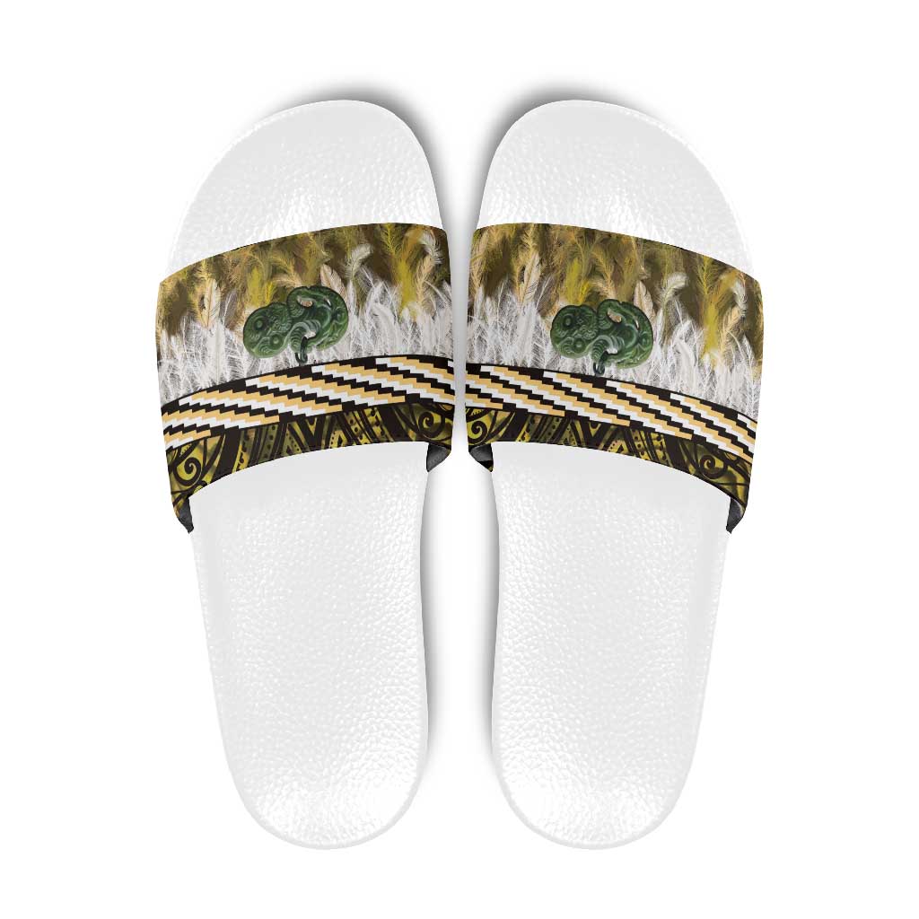 Yellow Traditional Cloak Aotearoa Slide Sandals Maori Paua Shell Korowai Pattern - Polynesian Pride