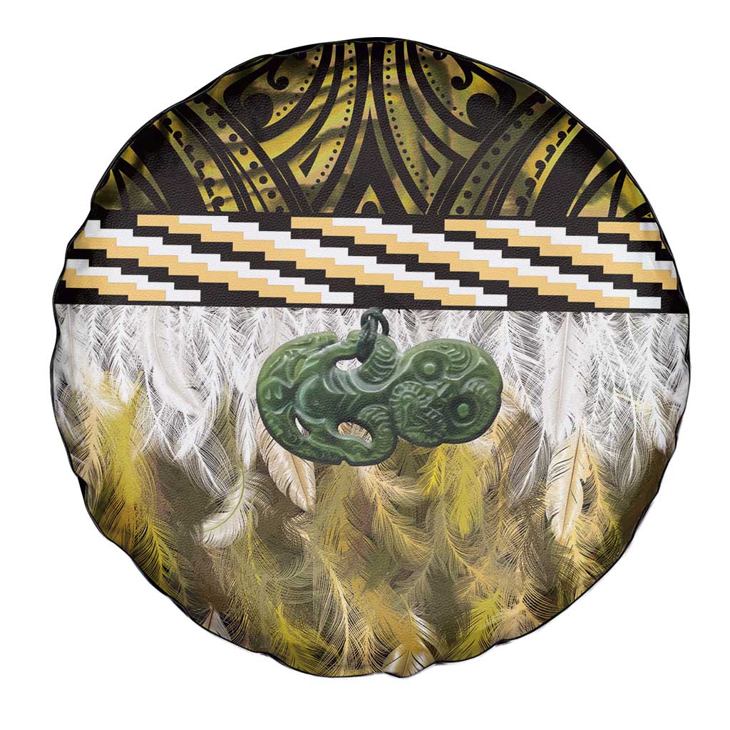 Yellow Traditional Cloak Aotearoa Spare Tire Cover Maori Paua Shell Korowai Pattern