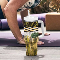 Yellow Traditional Cloak Aotearoa Tumbler With Handle Maori Paua Shell Korowai Pattern