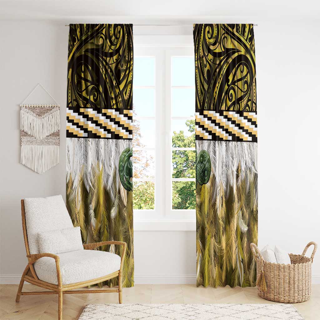 Yellow Traditional Cloak Aotearoa Window Curtain Maori Paua Shell Korowai Pattern