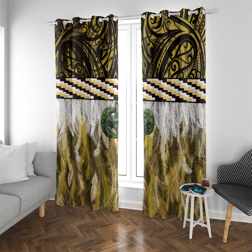 Yellow Traditional Cloak Aotearoa Window Curtain Maori Paua Shell Korowai Pattern