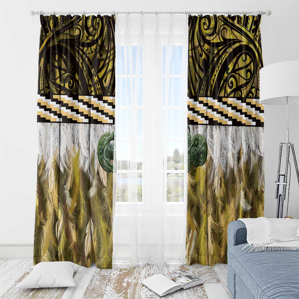 Yellow Traditional Cloak Aotearoa Window Curtain Maori Paua Shell Korowai Pattern