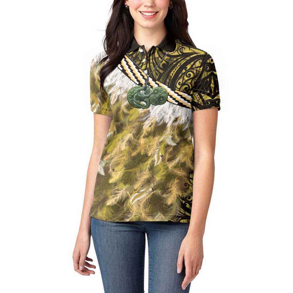 Yellow Traditional Cloak Aotearoa Women Polo Shirt Maori Paua Shell Korowai Pattern
