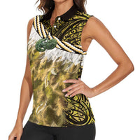 Yellow Traditional Cloak Aotearoa Women Sleeveless Polo Shirt Maori Paua Shell Korowai Pattern
