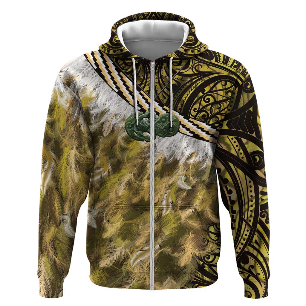 Yellow Traditional Cloak Aotearoa Zip Hoodie Maori Paua Shell Korowai Pattern LT14 Zip Hoodie Yellow - Polynesian Pride