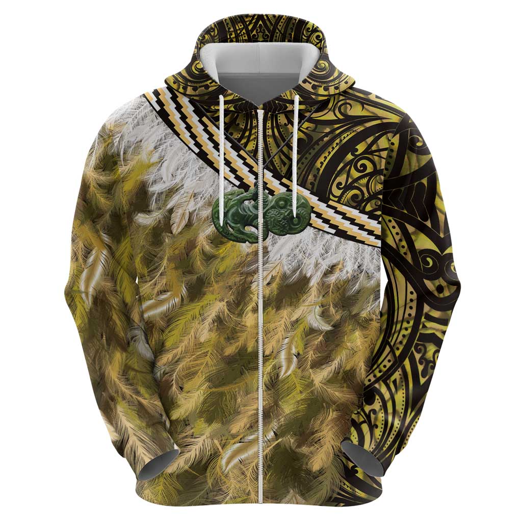 Yellow Traditional Cloak Aotearoa Zip Hoodie Maori Paua Shell Korowai Pattern LT14 - Polynesian Pride