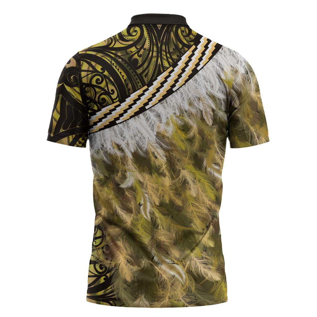 Yellow Traditional Cloak Aotearoa Zipper Polo Shirt Maori Paua Shell Korowai Pattern - Polynesian Pride