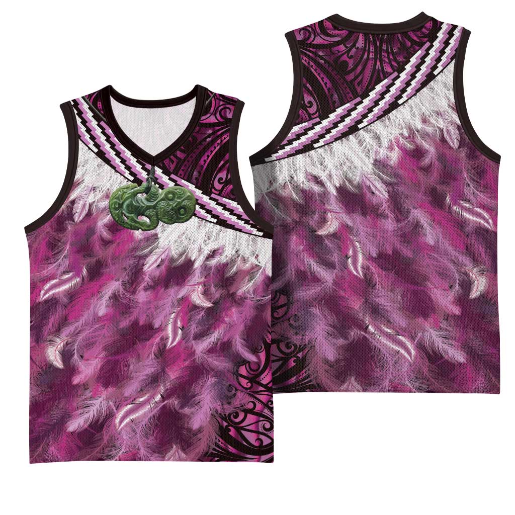 Pink Traditional Cloak Aotearoa Basketball Jersey Maori Paua Shell Korowai Pattern LT14 - Polynesian Pride