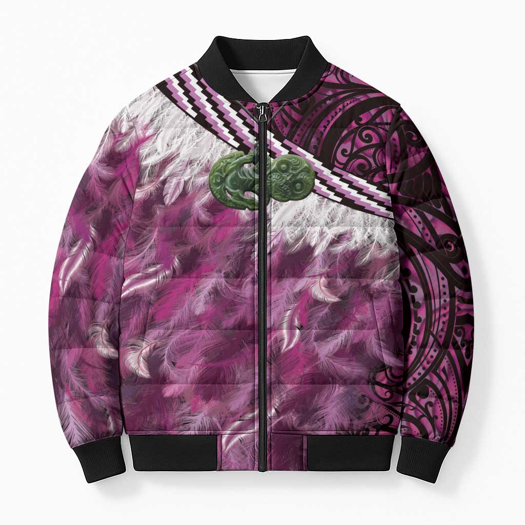 Pink Traditional Cloak Aotearoa Bomber Puffer Jacket Maori Paua Shell Korowai Pattern LT14 Unisex Pink - Polynesian Pride