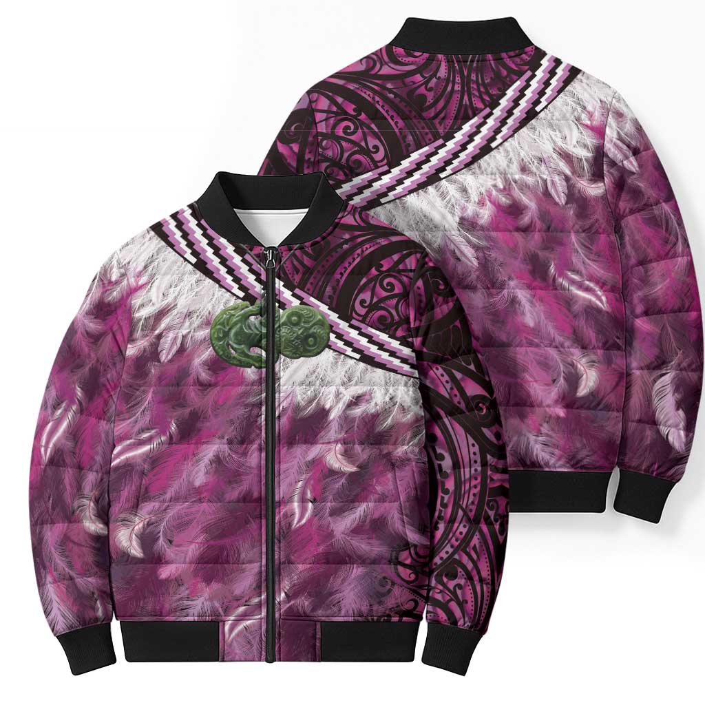Pink Traditional Cloak Aotearoa Bomber Puffer Jacket Maori Paua Shell Korowai Pattern LT14 - Polynesian Pride