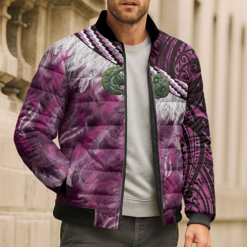 Pink Traditional Cloak Aotearoa Bomber Puffer Jacket Maori Paua Shell Korowai Pattern LT14 - Polynesian Pride