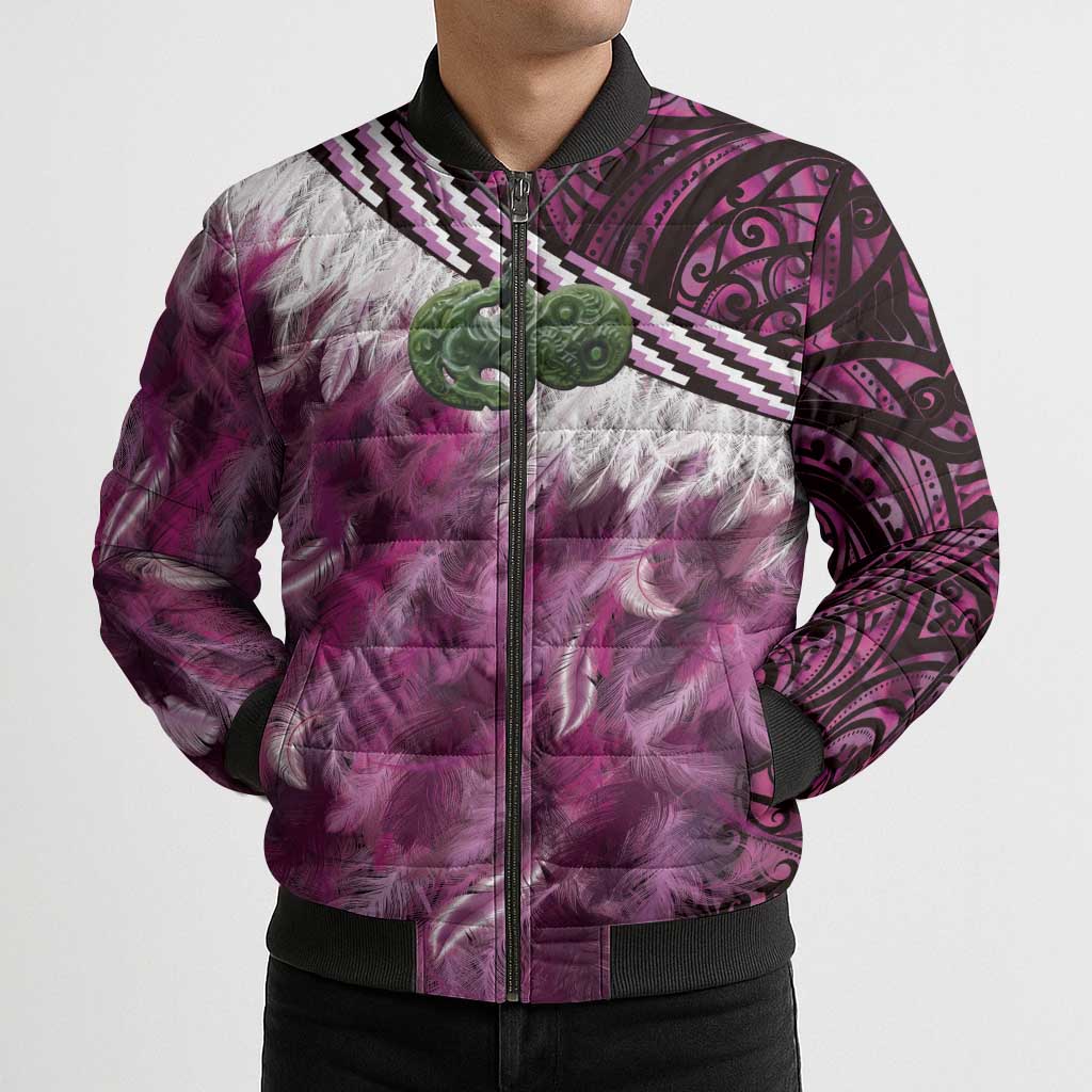 Pink Traditional Cloak Aotearoa Bomber Puffer Jacket Maori Paua Shell Korowai Pattern LT14 - Polynesian Pride