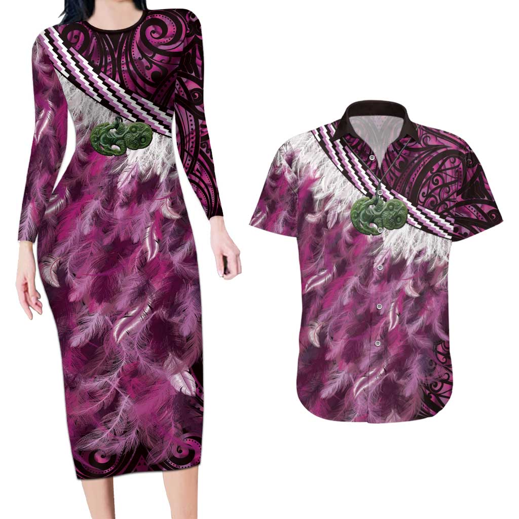 Pink Traditional Cloak Aotearoa Couples Matching Long Sleeve Bodycon Dress and Hawaiian Shirt Maori Paua Shell Korowai Pattern