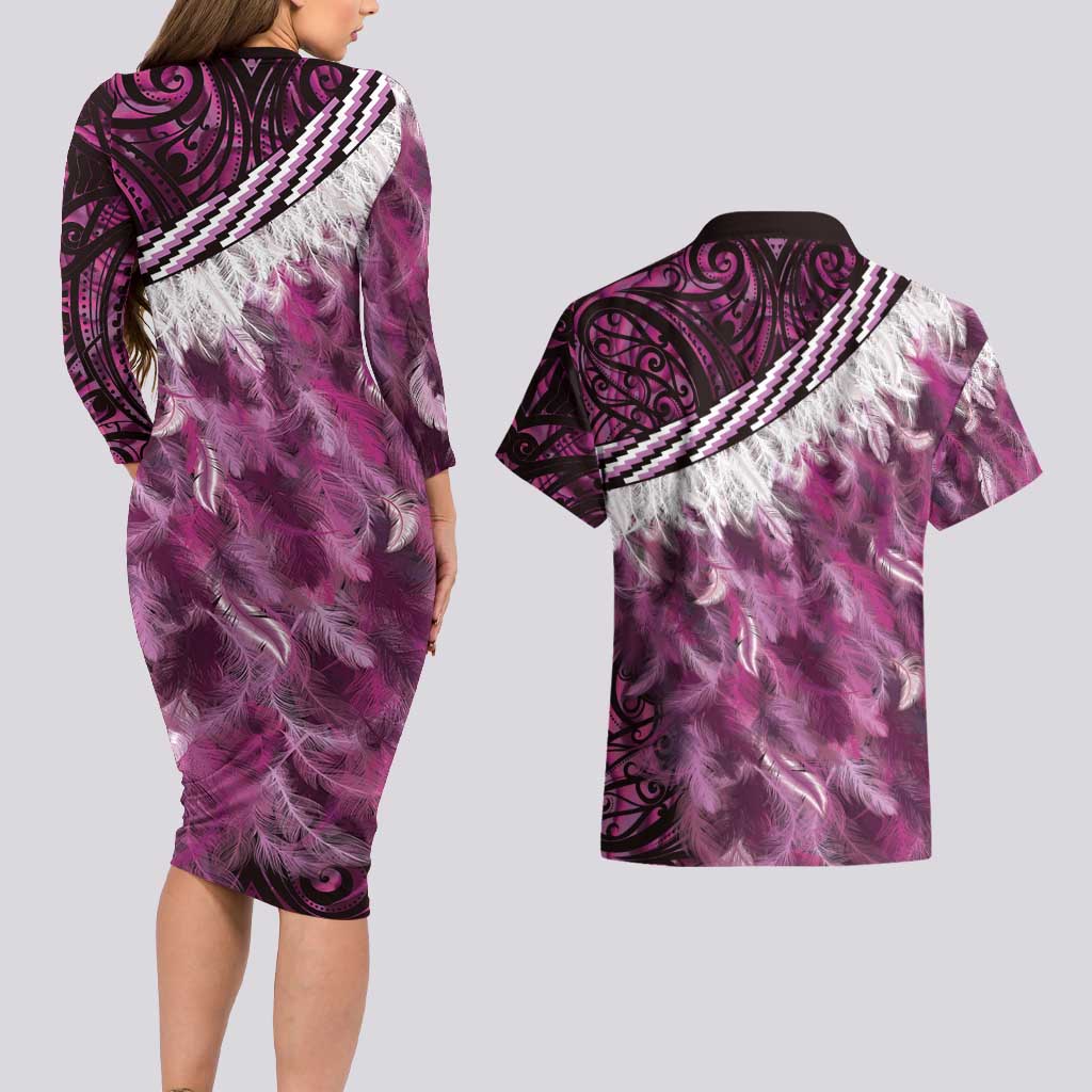 Pink Traditional Cloak Aotearoa Couples Matching Long Sleeve Bodycon Dress and Hawaiian Shirt Maori Paua Shell Korowai Pattern