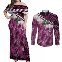 Pink Traditional Cloak Aotearoa Couples Matching Off Shoulder Maxi Dress and Long Sleeve Button Shirt Maori Paua Shell Korowai Pattern LT14 Pink - Polynesian Pride