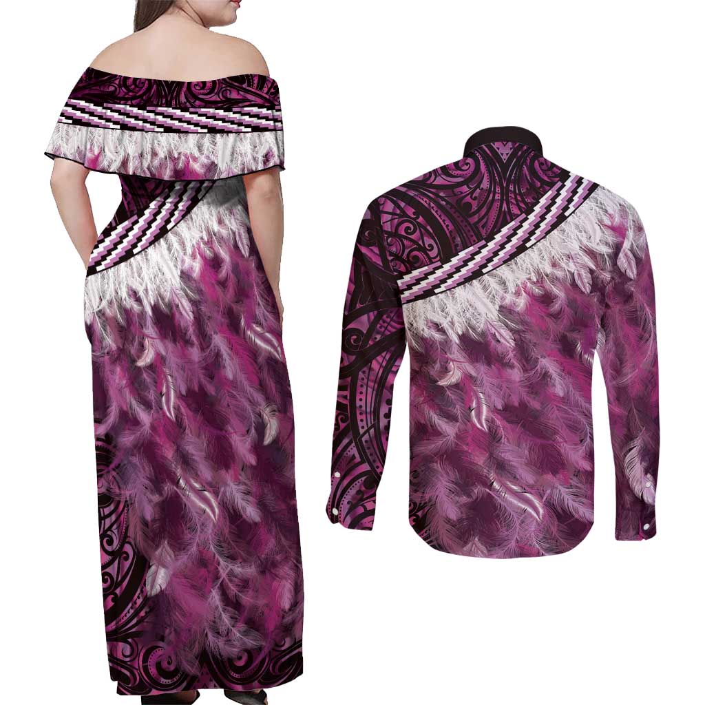 Pink Traditional Cloak Aotearoa Couples Matching Off Shoulder Maxi Dress and Long Sleeve Button Shirt Maori Paua Shell Korowai Pattern LT14 - Polynesian Pride