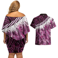 Pink Traditional Cloak Aotearoa Couples Matching Off Shoulder Short Dress and Hawaiian Shirt Maori Paua Shell Korowai Pattern