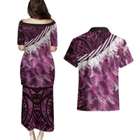 Pink Traditional Cloak Aotearoa Couples Matching Puletasi and Hawaiian Shirt Maori Paua Shell Korowai Pattern