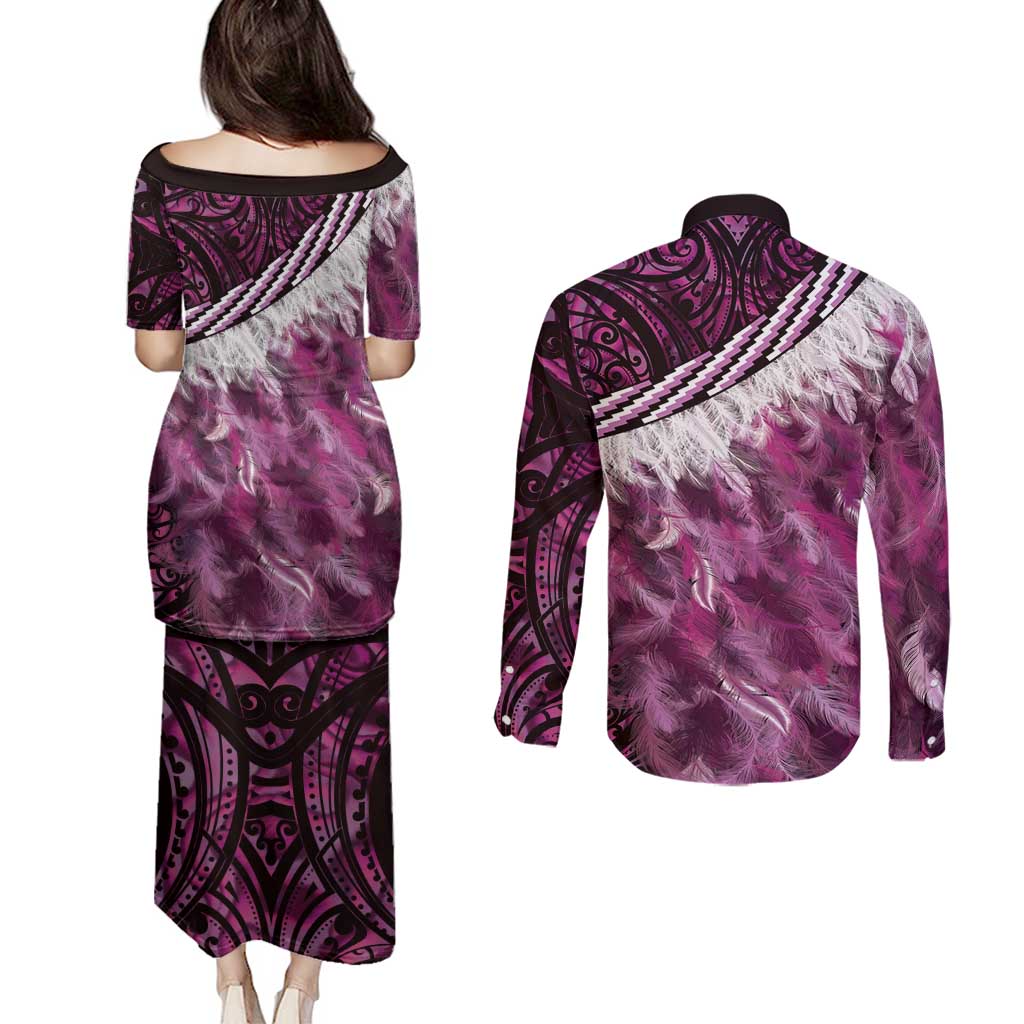 Pink Traditional Cloak Aotearoa Couples Matching Puletasi and Long Sleeve Button Shirt Maori Paua Shell Korowai Pattern LT14 - Polynesian Pride
