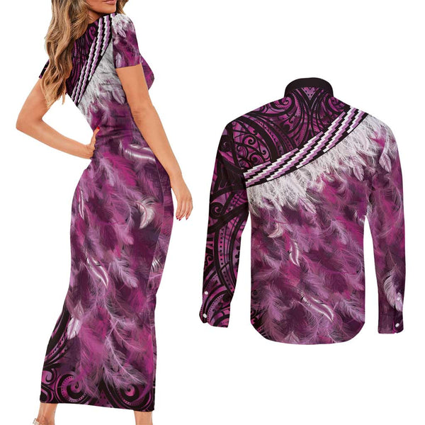Personalised New Zealand Couples Matching Short Sleeve Bodycon Dress and Long Sleeve Button Shirts Aotearoa Blue Maori Kiwi Blue Fern LT01 main image 1