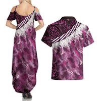 Pink Traditional Cloak Aotearoa Couples Matching Summer Maxi Dress and Hawaiian Shirt Maori Paua Shell Korowai Pattern